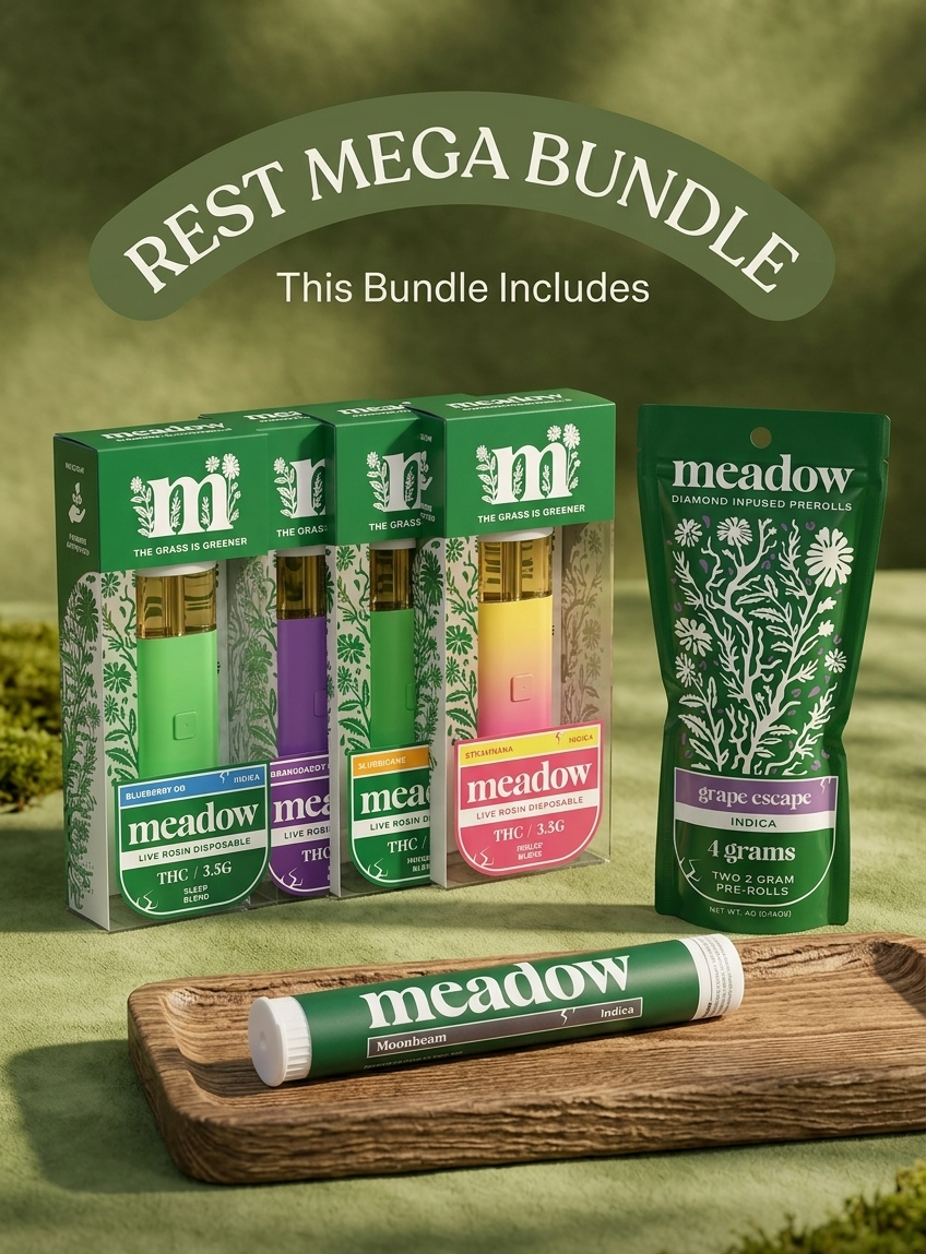 Meadow product bundle with packaging on a green background