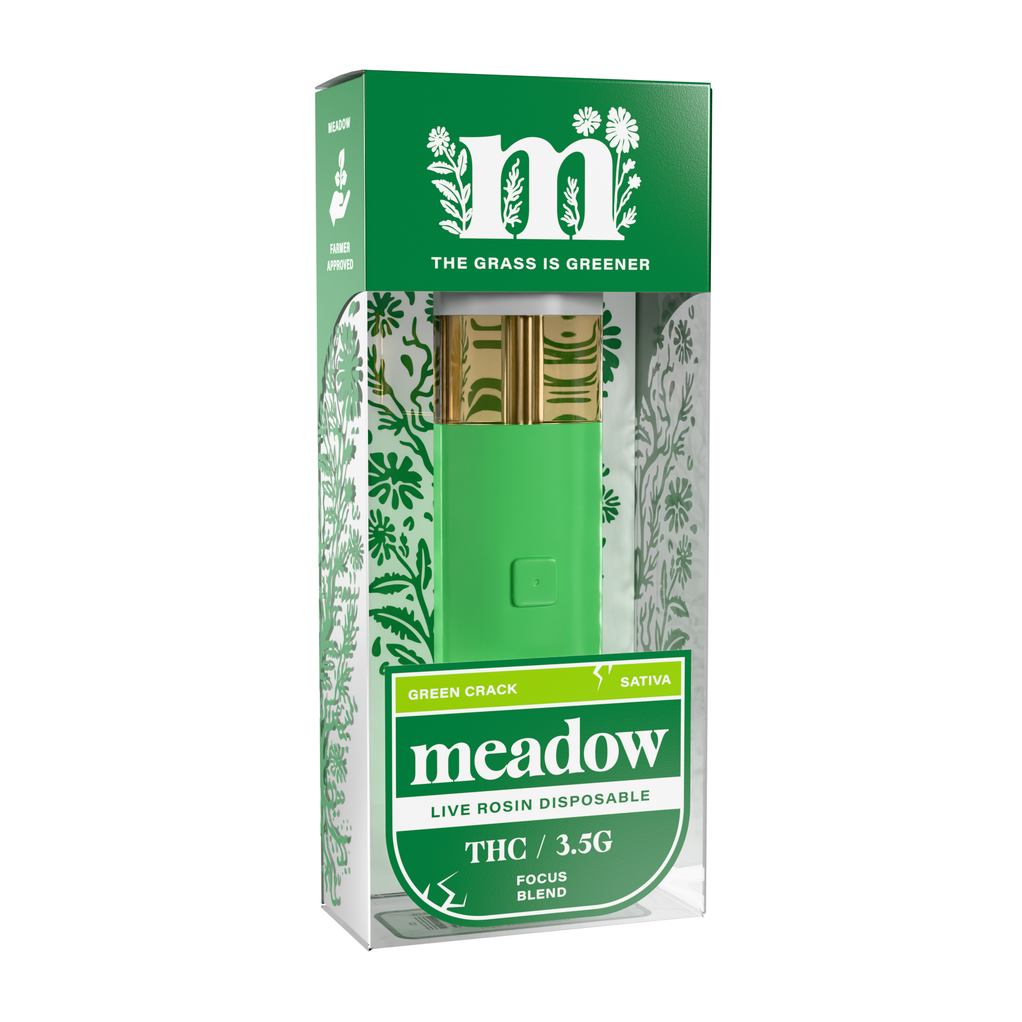 Green 'meadow' live rosin disposable packaging on a white background